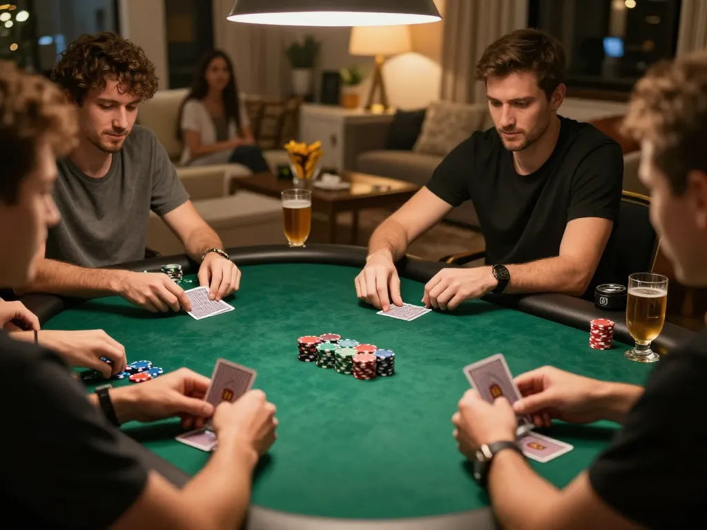 Sky88co players enthusiastically place bets during an intimate home poker game