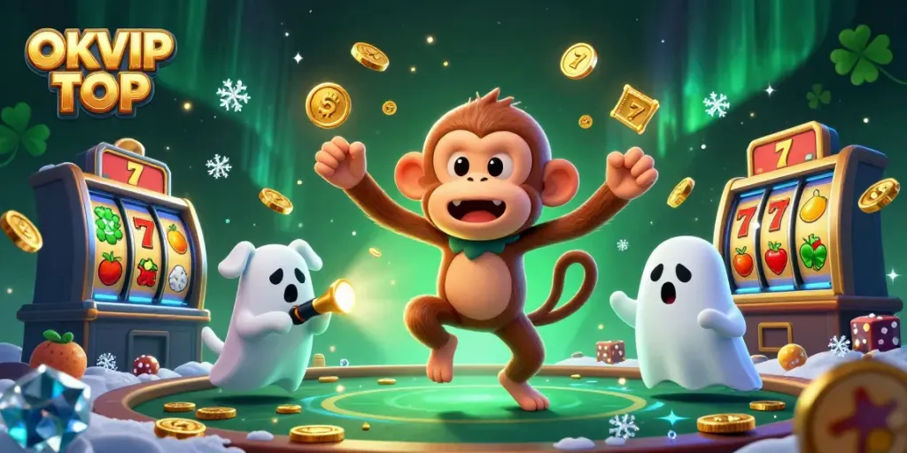 Engage with OKVIP TOP in a vibrant casino scene filled with golden treasures and playful characters.