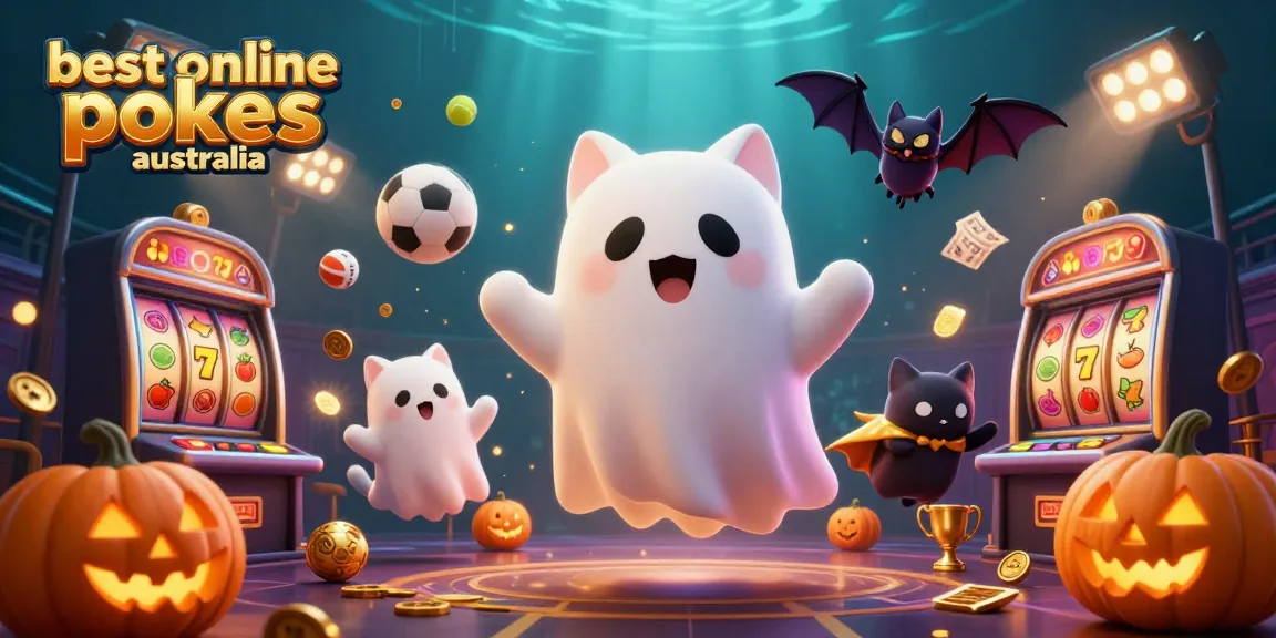 Experience the best online pokies Australia in a vibrant 3D casino scene featuring a ghost cat and vampire bat.