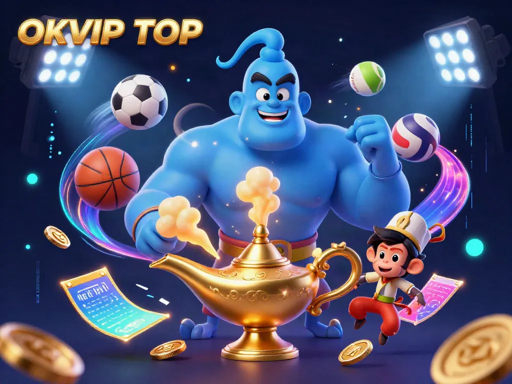 Join the fun at OKVIP TOP with a majestic genie and poker chips in an exhilarating casino scene.