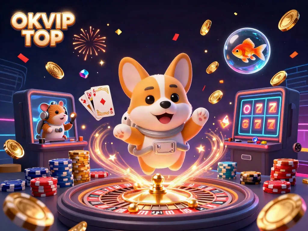 Spin and win at OKVIP TOP in a thriving space casino scene filled with a corgi astronaut and vibrant game elements.