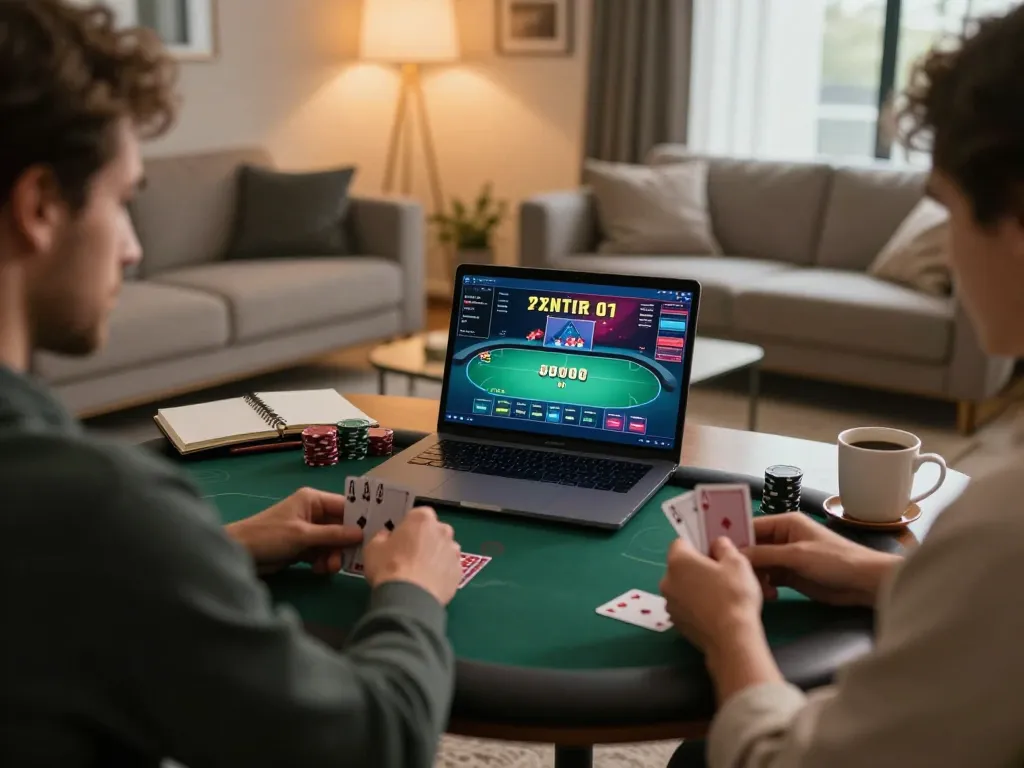 Lu88 player strategizing with poker cards on laptop in a cozy home gaming setup