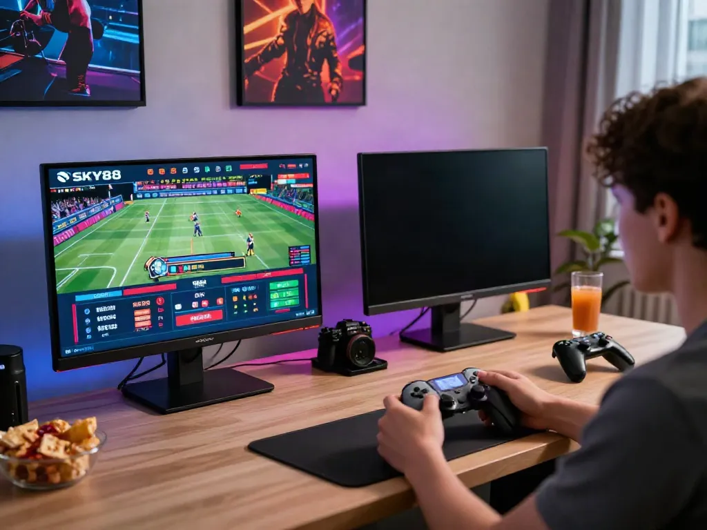 Engaged player enjoying the betting experience on https://sky88tg.com/ with dual monitors showing live games.
