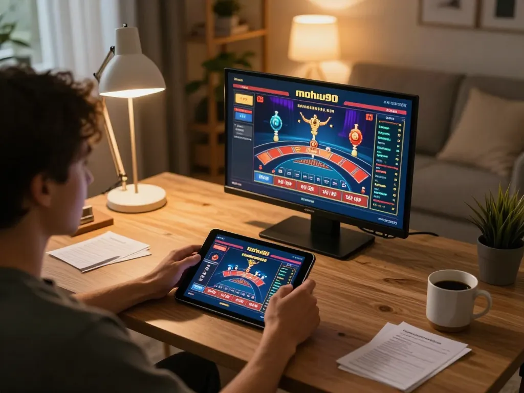 Player engaging in online betting on nohu90, showcasing an inviting home gaming setup with tablet and betting notes.