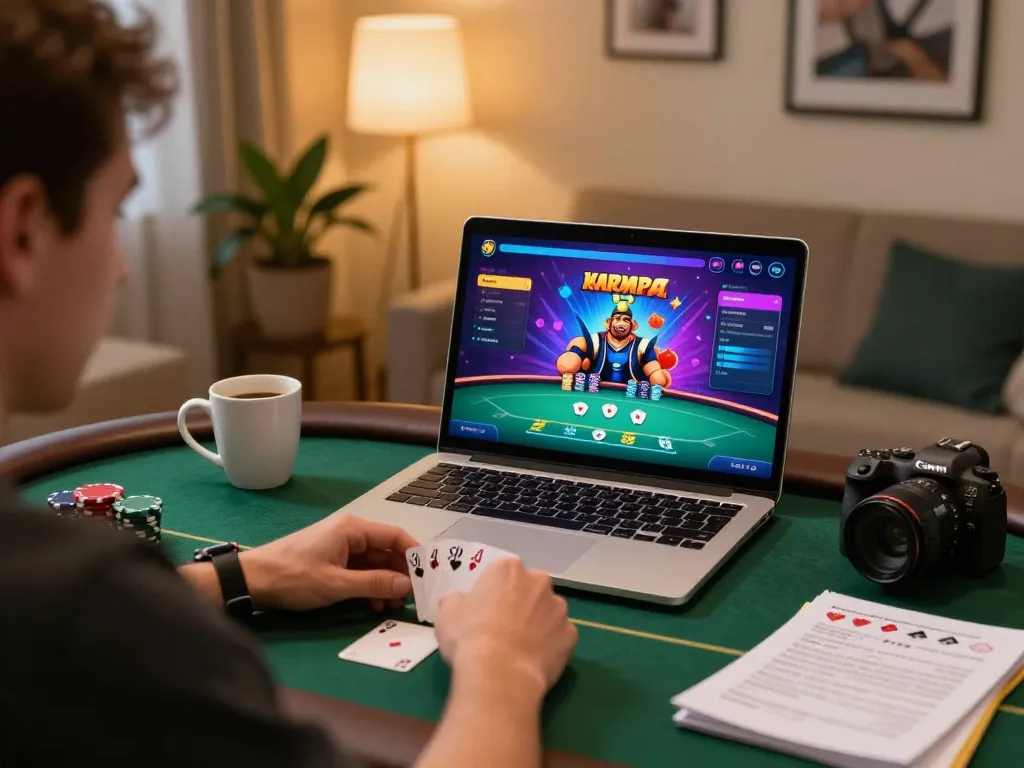 Player enjoying poker on alo8 platform while taking notes for better strategy.