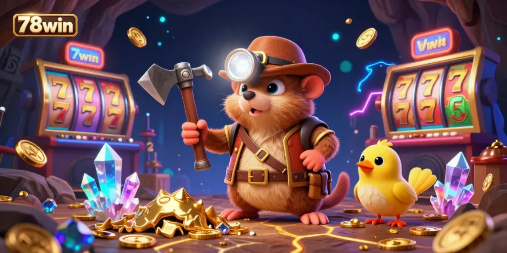 Experience thrilling slots and jackpots with 78win featuring a treasure hunter and canary amidst a sparkling casino atmosphere.