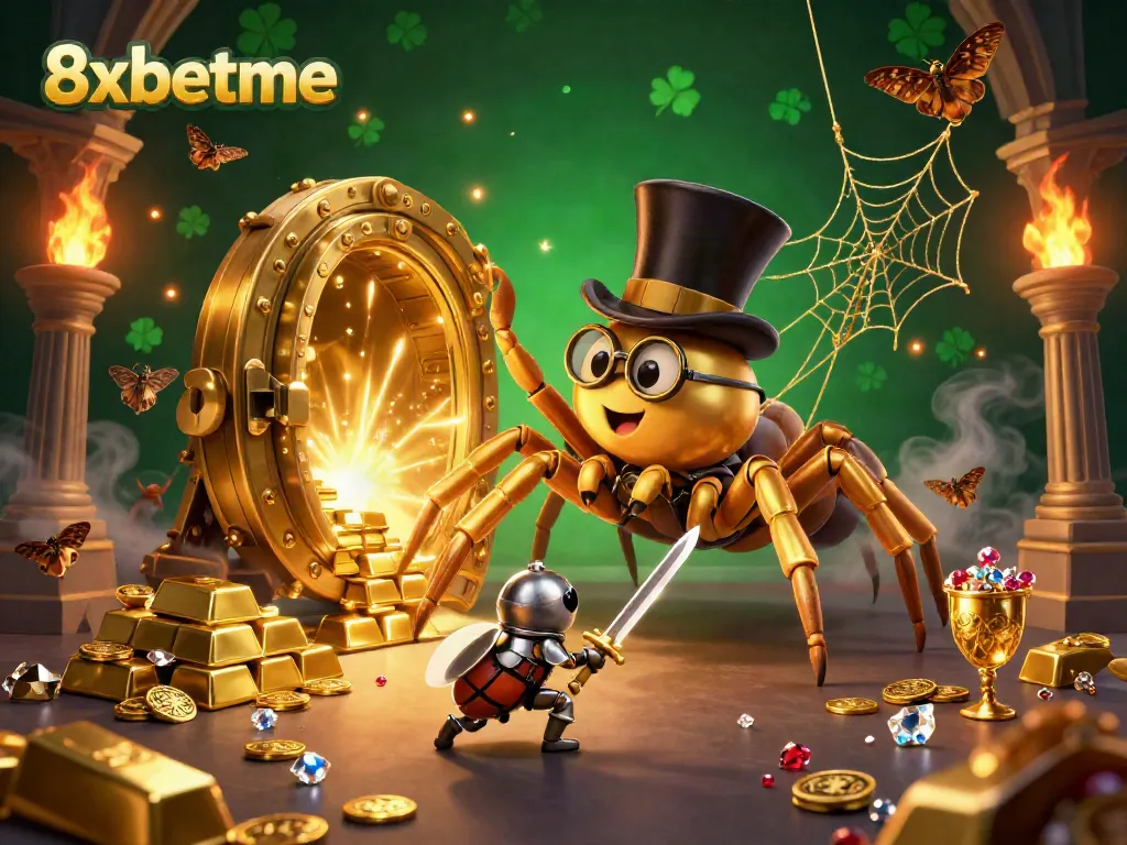 Courageous beetle knight approaches the golden tarantula in a bustling casino scene, featuring 8xbetme.