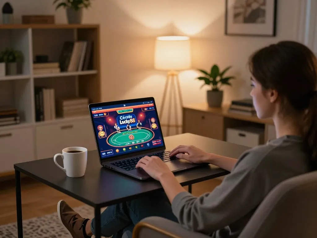 Cá cược Lucky88 online gaming setup; laptop showing vibrant poker game interface, comfortable home setting.