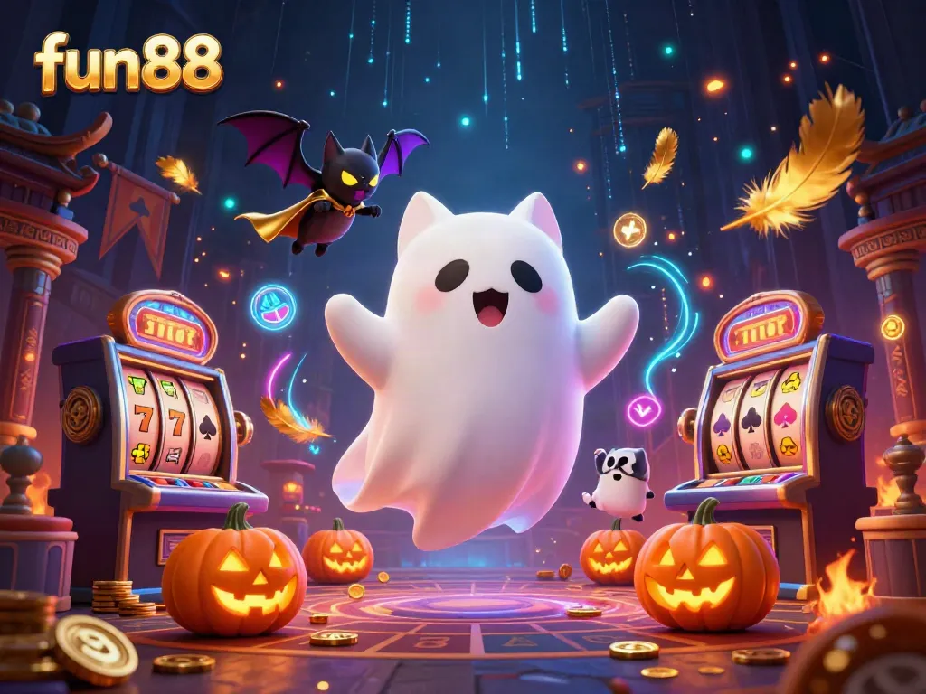 Experience fun88's thrilling haunted casino scene with a ghost cat, vampire bat, and glowing poker jacks.