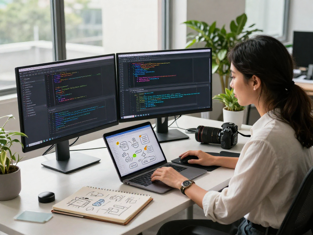 Focused software developer at modern workspace creating innovative applications for trang chủ debet with dual monitors and coding tools.