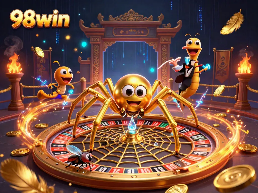 Spin the roulette wheel with 98win's golden spider as the croupier in this vibrant casino scene.
