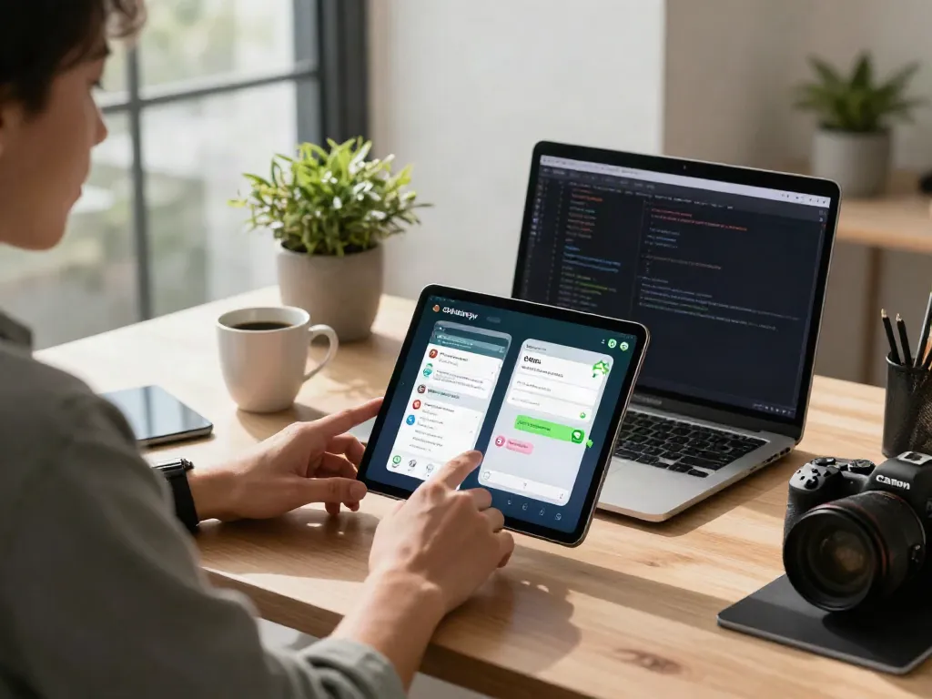 Explore OGWhatsApp features in a modern workspace with a smartphone interface showcasing vibrant chat settings.