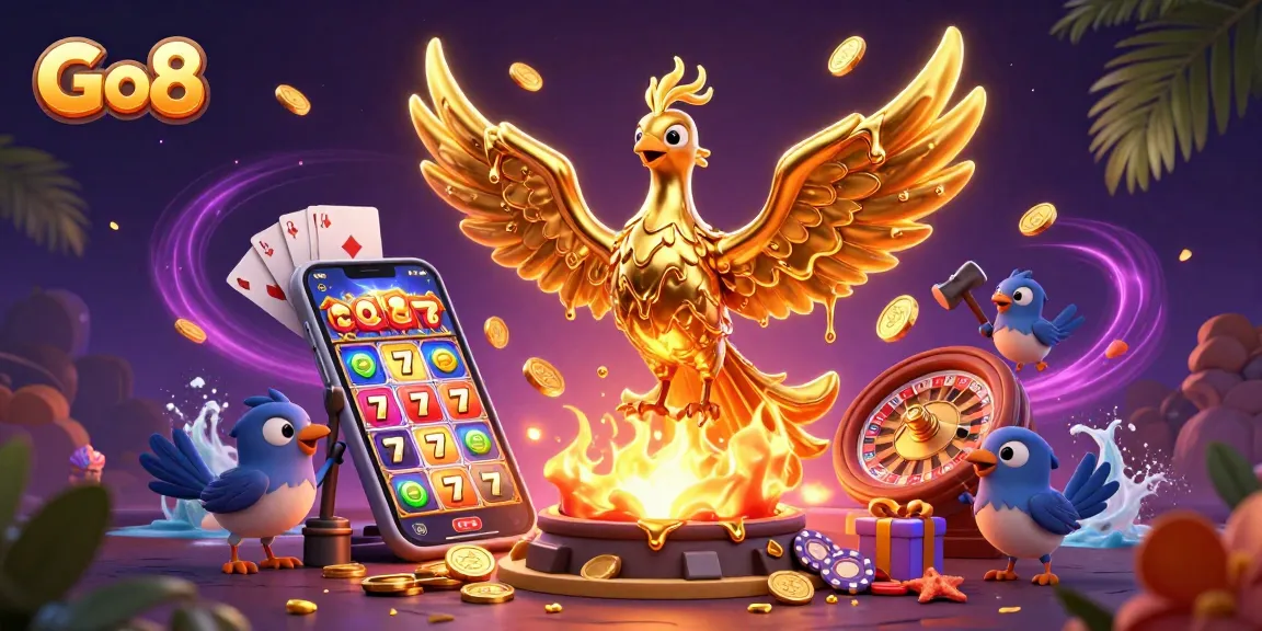 Experience the vibrant energy of Go8 with a 3D golden phoenix and dynamic casino elements.
