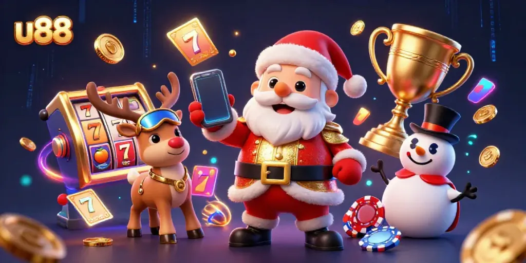 Experience excitement with u88 slots and jackpots as Santa, his reindeer, and a snowman celebrate wins in a rich casino scene.