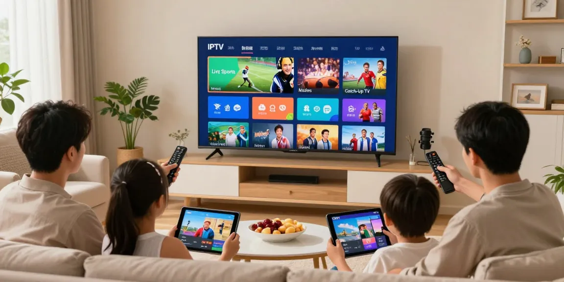 Family enjoying IPTV streaming in a cozy living room, showcasing premium entertainment options.