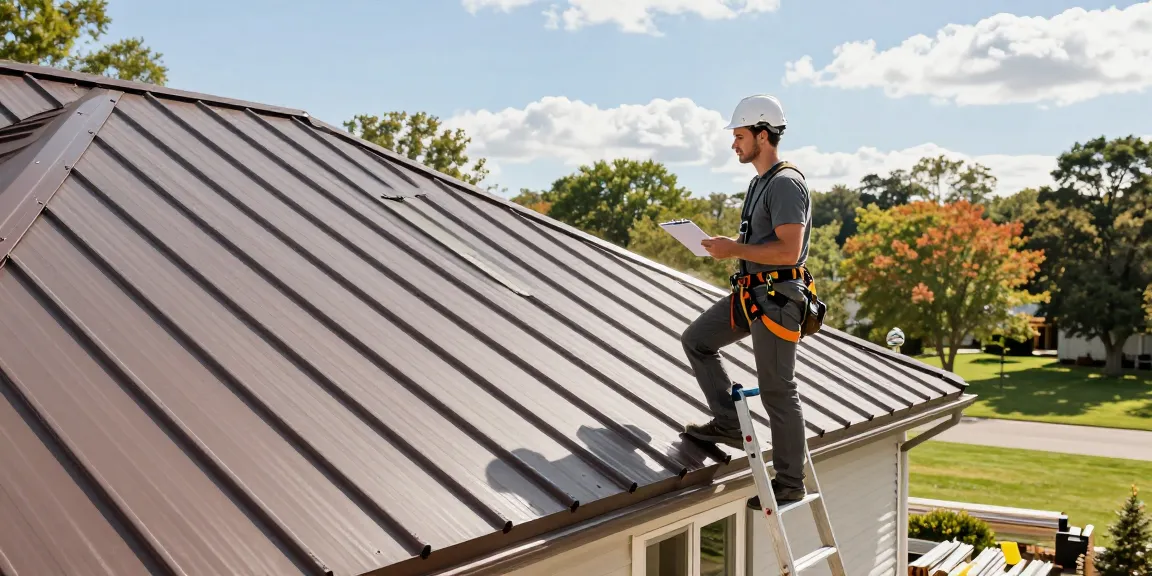 Professional metal roof installer examining a newly installed metal roof with quality materials in a sunny suburban setting.