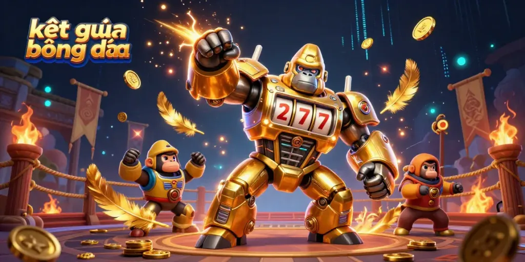 Experience kết quả bóng đá through this vibrant 3D illustration featuring a dynamic gorilla mech amidst exhilarating casino elements.
