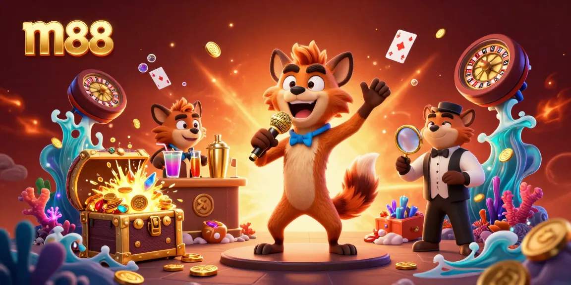 M88 hyenas create a vibrant casino scene with jokes, drinks, and security, showcasing lively gambling action.