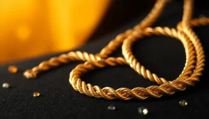 Showcasing a stunning gold rope chain highlighting its intricate design and luxurious shine.