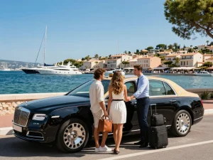 Taxi Saint-Tropez avec véhicule de luxe et chauffeur professionnel au bord de l'eau pittoresque.