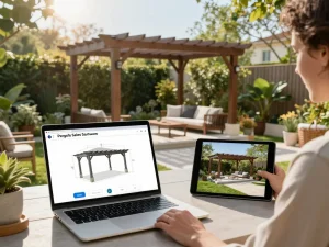Designer using Pergola Sales Software to visualize a 3D model in a beautiful garden.