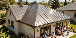 Modern home with metal roof panels and tiles, surrounded by family enjoying outdoor living in a vibrant garden.