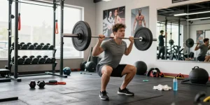 Energiegeladenes Training im Fitnessstudio eines Anabolika Shop Deutschland, das eine fitte Person zeigt, die Kniebeugen mit der Langhantel ausführt.