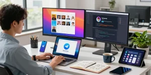 Downloading Telegram app on a laptop in a modern tech workspace