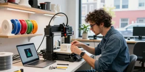 Discover the best value 3D printer in a vibrant creator's workshop, featuring colorful filament and 3D designs.