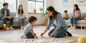 Child engaged in functional communication training Burlington with supportive therapist and colorful learning materials.