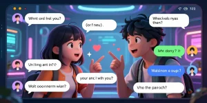 Exciting AI ecchi chat between animated characters in a vibrant digital setting.