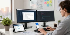 Developer focused on WPS Download in a modern workspace, featuring coding tools and a vibrant atmosphere.