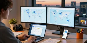 Person using 快连 VPN in a modern tech workspace with global connectivity elements.