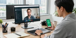 Active workspace showcasing WhatsApp網頁版 usage with laptop and smartphone amidst a lively office setting.