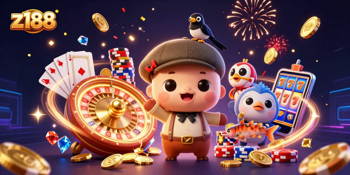 Experience thrilling wins at z188 with 3D cartoon Nessie surrounded by casino delights.