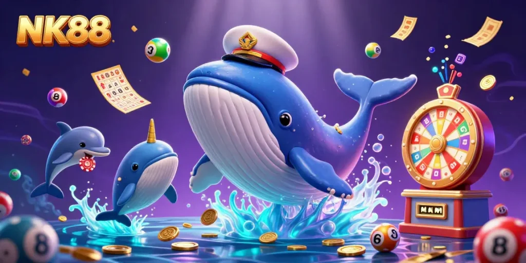 Immerse in NK88's vibrant gaming world featuring a whale, dolphins, and lottery elements.