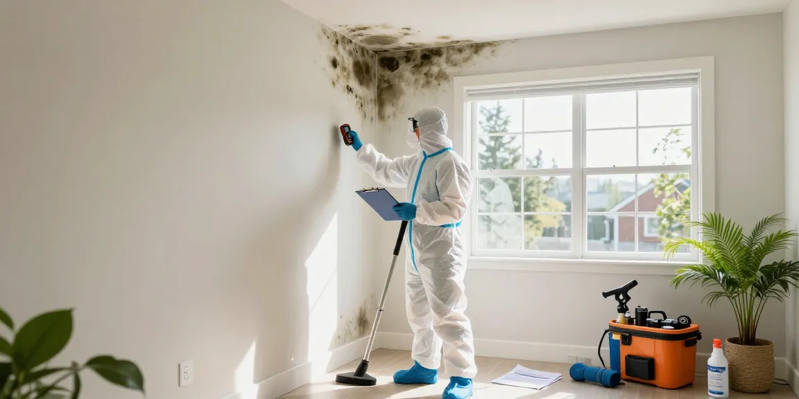 Mold Remediation North Vancouver with technician inspecting bathroom for mold, showcasing expertise and safety.