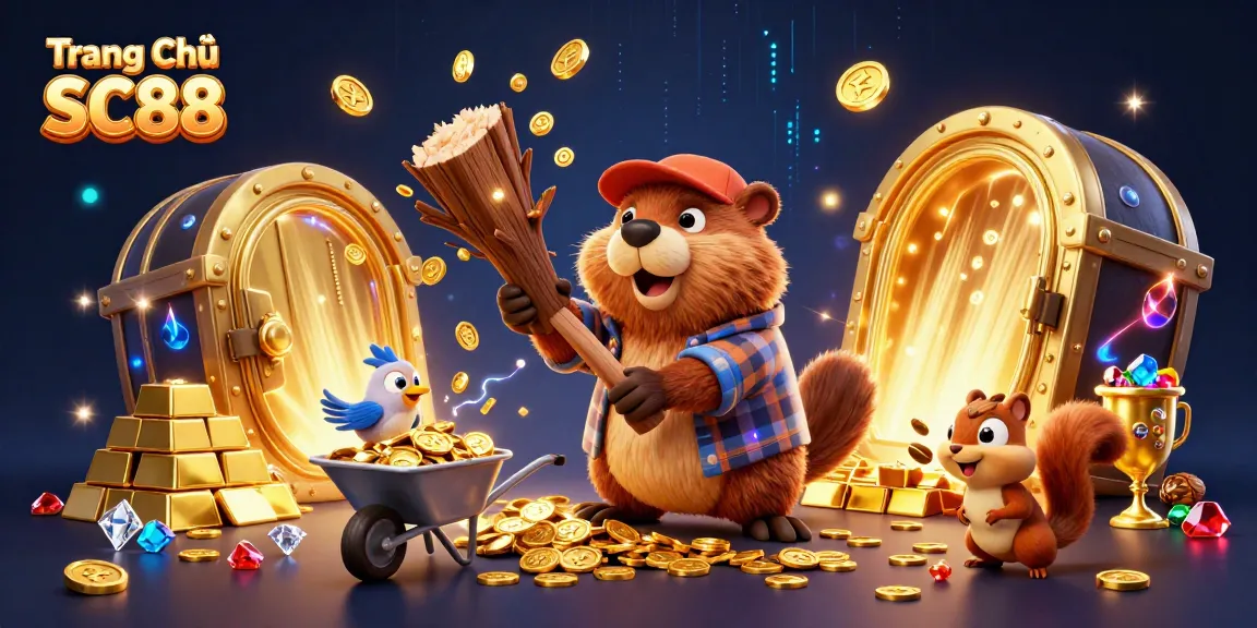 Experience winning with Trang Chủ SC88, featuring a 3D cartoon beaver and golden treasures.