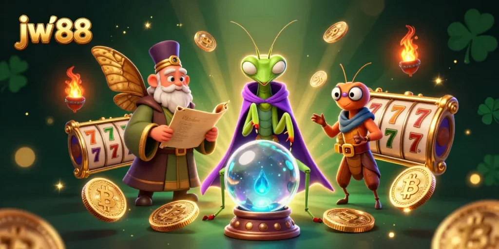 Engage with jw 88's vibrant slot experience featuring mystical characters and glowing crypto elements.