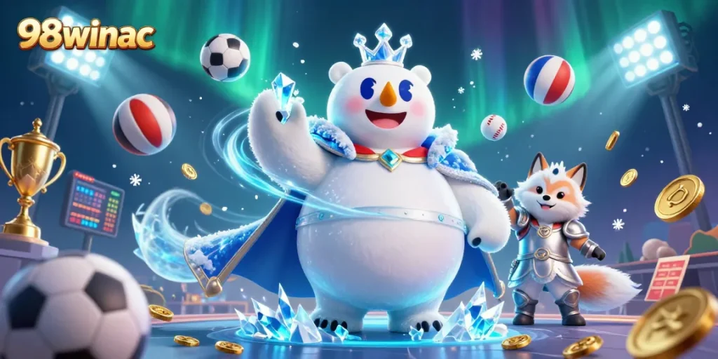 Engage in thrilling betting action with 98winac, featuring an epic scene of polar bear royalty amidst dynamic sports elements.