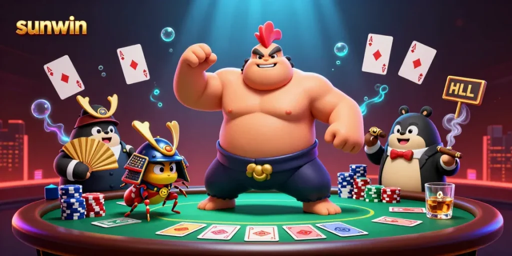 Experience thrilling betting action at sunwin with an illustrated poker showdown featuring dynamic casino elements.