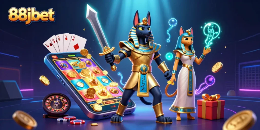 Play slot games and win big at 88jbet with Anubis and Bastet in a dazzling 3D casino scene.