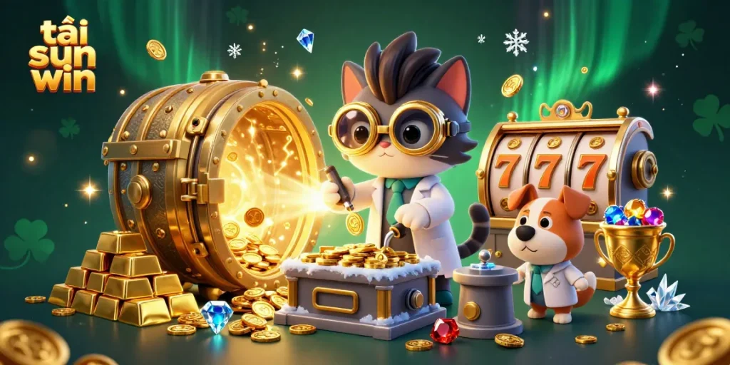 Join the fun and excitement to tải sun win, featuring vibrant 3D illustrations with golden treasures and rich casino elements.