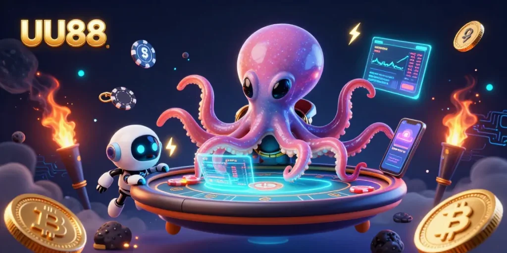 UU88 showcases a vibrant scene featuring a cosmic octopus at a holographic poker table, embodying thrilling crypto gaming.