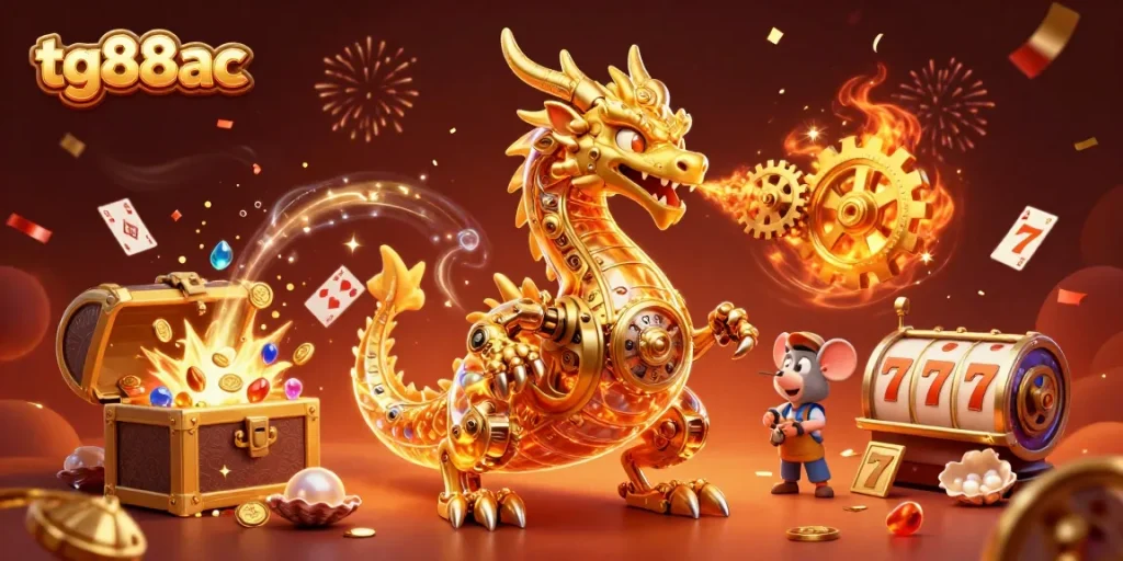 Join tg88ac's thrilling world as the golden dragon breathes gears and treasures in a dynamic casino scene.