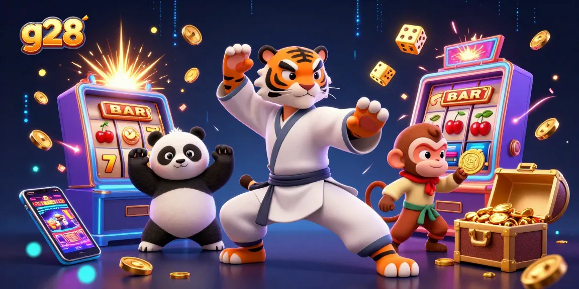 Engage with g28's thrilling gaming scene featuring a kung fu tiger, panda disciple, and playful monkey amid a jackpot explosion.