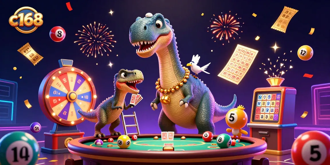 C168 depicts a lively casino scene with a giant brontosaurus and raptor dealer managing a poker game.