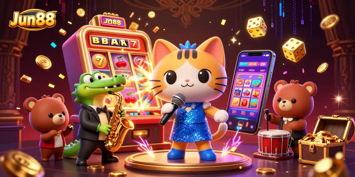 Experience the excitement of Jun88 with lively casino characters in a vibrant 3D scene full of jackpots and fun.