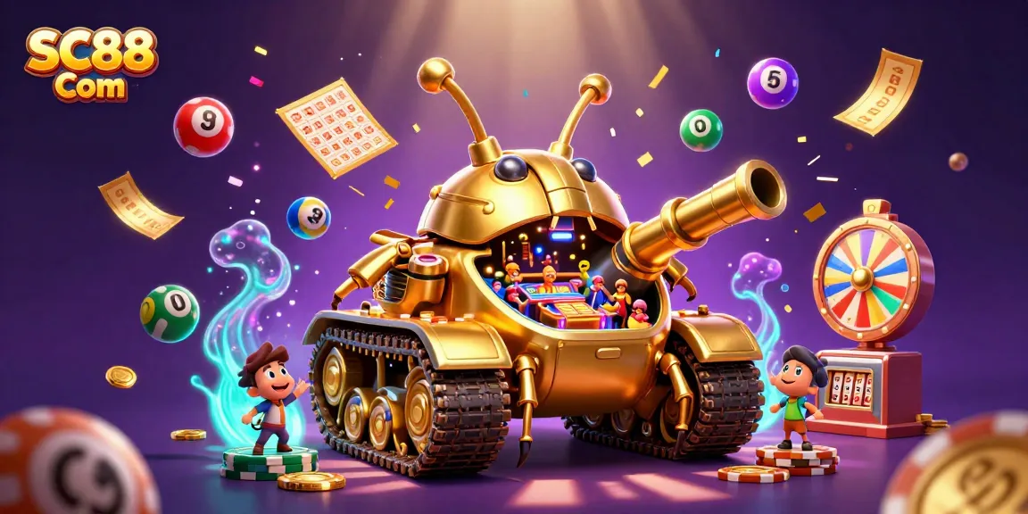 Engage with SC88 Com's vibrant 3D casino scene filled with lottery balls and dynamic game elements.