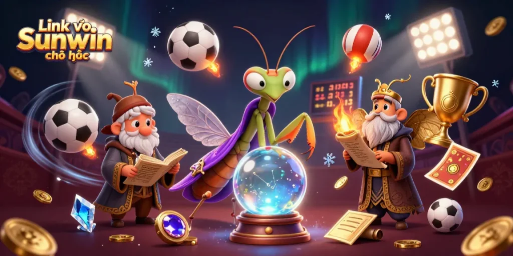 Engaging scene featuring Link vào Sunwin chính thức with a mystical fortune teller and ancient librarian amidst dynamic sports betting elements.